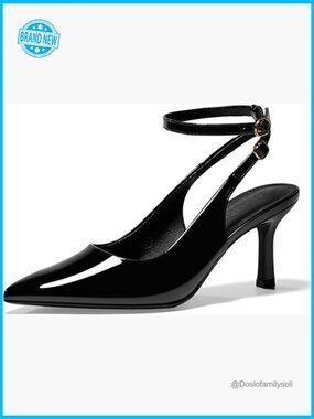 Black Pointed Toe Stiletto Pumps Dress Shoes Slingback Ankle Strap Evening